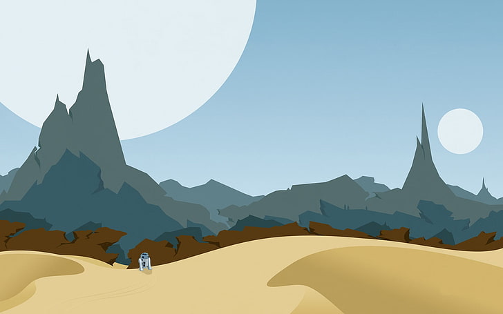 ilustrasi gunung biru, alam, minimalis, kartun, Star Wars, R2-D2, Wallpaper HD