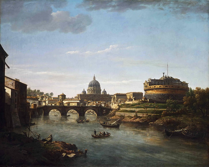 langit, awan, jembatan, sungai, orang, perahu, menara, gambar, Katedral, kubah, Roma, William Marlow, the Tiber, Wallpaper HD