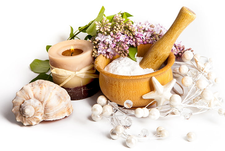 brown wooden bowl, flowers, lilac, candles, candle, spa, shells, seashells, HD wallpaper