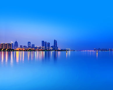 Stadsbild, reflektioner, solnedgång, blå, Huawei MediaPad, lager, HD, HD tapet HD wallpaper
