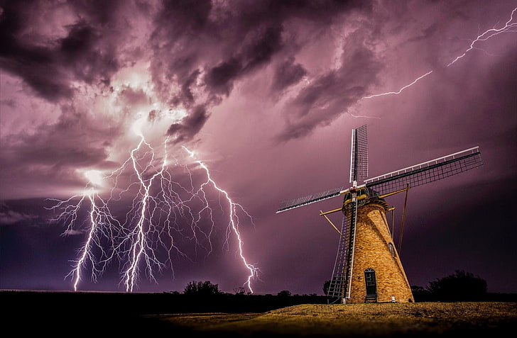 moulin à vent brun et noir, moulin à vent, foudre, tempête, nuages, nuit, électricité, nature, paysage, Fond d'écran HD