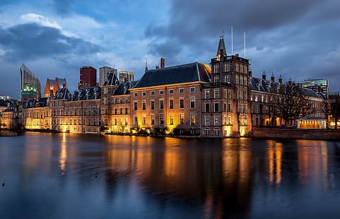 огни, вечер, Нидерланды, Голландия, Гаага, HD обои HD wallpaper