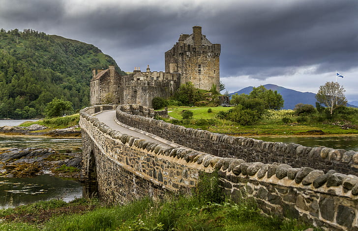 茶色の城、 スコットランド、 イギリス、 アイリーンドナン、 城、 湖、 山、 橋、 風景、 HDデスクトップの壁紙