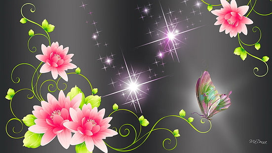 Лотос или лилии, звезди, черно, цвят, листа, ярки, пеперуда, лилии, цветя, сребро, лотос, блясък, 3d и абстрактни, HD тапет HD wallpaper