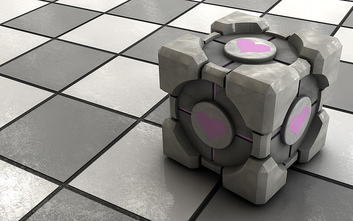 kubus abu-abu Rubik, Companion Cube, Portal (game), video game, render, CGI, 3D, seni digital, Wallpaper HD