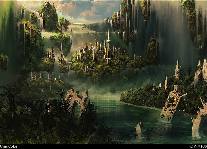 mythical creature land painting, clouds, mountains, the city, castle, Atlantis, waterfall, tower, ruins, waterfalls, spires, CG wallpapers, Elven castle, HD wallpaper