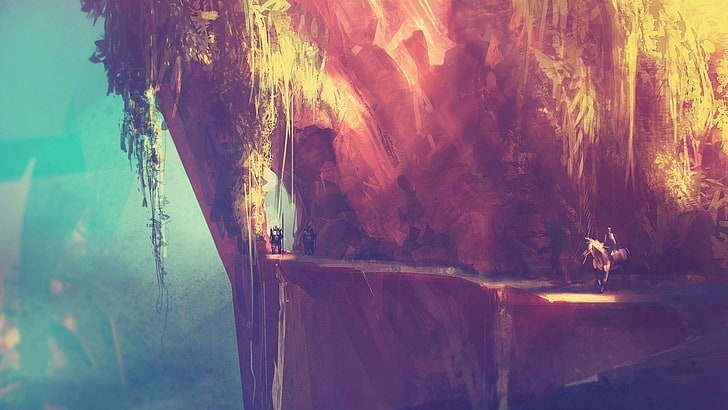 brown cliff pathway digital wallpaper, artwork, fantasy art, mountains, colorful, warrior, valley, hills, HD wallpaper