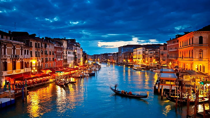 Venedig, Italien, Stadt, Nacht, Lichter der Stadt, Gondeln, Wasser, Fluss, Gebäude, HD-Hintergrundbild
