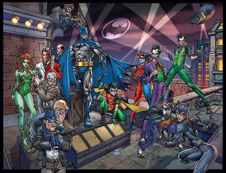 Batman, Catwoman, Harley Quinn, Joker, Penguin (DC Comics), Poison Ivy, Riddler, Robin (DC Comics), Two-Face, HD wallpaper
