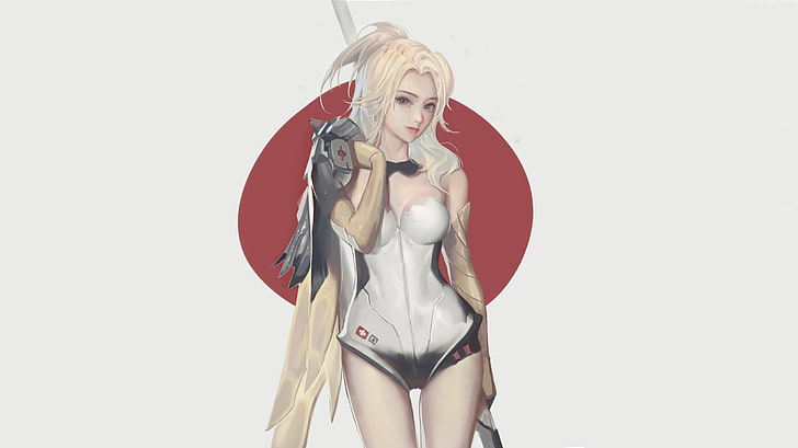 white-haired female character illustration, video games, Overwatch, women, Mercy (Overwatch), blonde, thighs, the gap, tight clothing, blue eyes, Japan, digital art, artwork, bowtie, cleavage, long hair, HD wallpaper