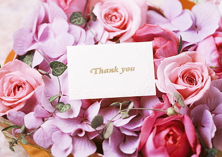 rosas cor de rosa e vermelhas, flores, rosas, buquê, obrigado, cartões, cartão, HD papel de parede HD wallpaper