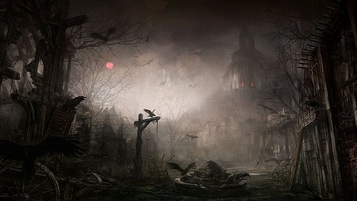 Diablo III, mörk, digital konst, måleri, fantasy city, Diablo 3: Reaper of Souls, Tristram, New Tristram, fantasy art, raven, illustration, konstverk, videospel, Diablo, HD tapet