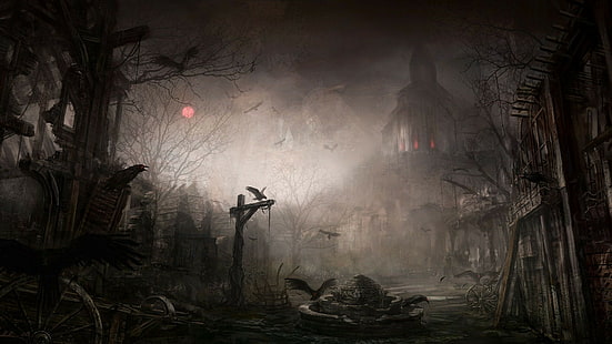 Diablo III, темное, цифровое искусство, живопись, город фантазий, Diablo 3: Жнец душ, Тристрам, Новый Тристрам, фэнтези-арт, ворон, иллюстрация, иллюстрации, видеоигры, Diablo, HD обои HD wallpaper