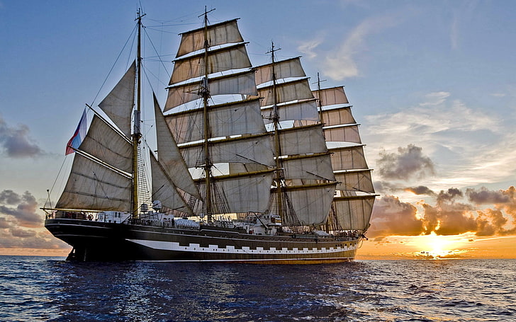 barco galeón marrón, mar, atardecer, barco, velero, la tarde, Fondo de pantalla HD
