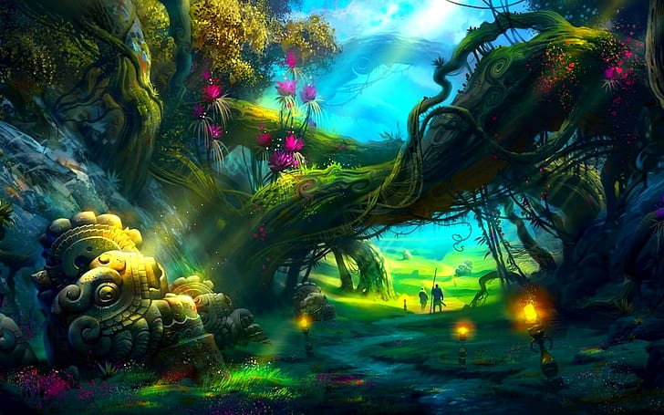 Foresta mistica, illustrazione verde dello schermo dell'albero, luci, fantasia, strada, scultura, radici, viaggiatori, cespugli, 3d ed estratto, Sfondo HD