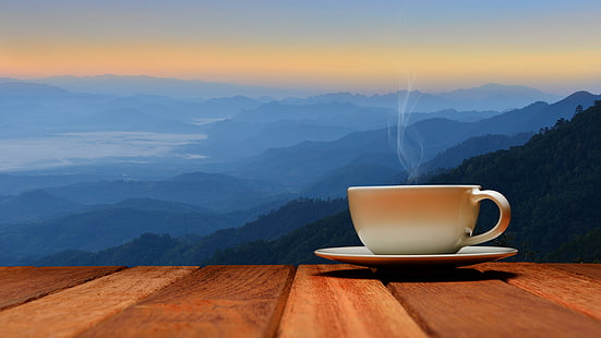 manhã, copa, xícara de café, café, bom dia, mesa de madeira, de madeira, mesa, panorama, humor, humor, HD papel de parede HD wallpaper