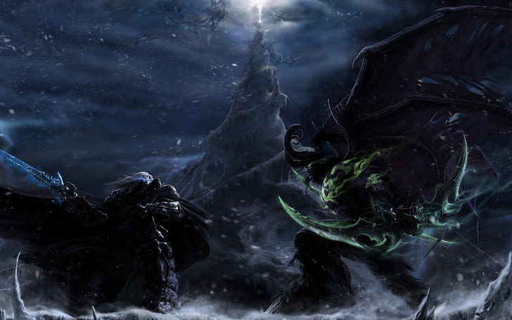 Illidan vs Arthas, bertarung, batlle, Warcraft III, Frozen Throne, Wallpaper HD