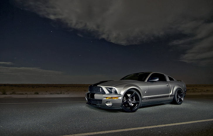 Silber Dodge Challenger Coupé, der Himmel, Wolken, Nacht, Mustang, Ford, Shelby, GT500, Silber, Muscle-Car, silbrig, HD-Hintergrundbild