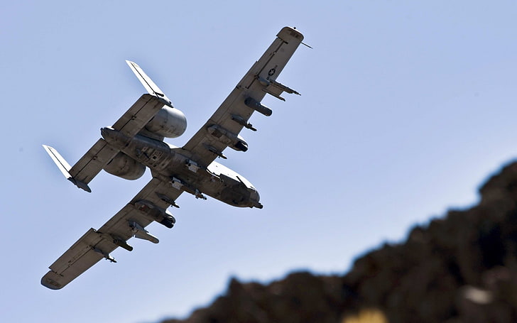 gray airplane, white jet plane flying under blue sky at daytime, tilt shift, Fairchild Republic A-10 Thunderbolt II, aircraft, military aircraft, military, airplane, HD wallpaper