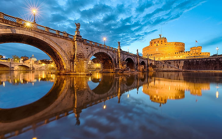 Rzym, Włochy, Watykan, Most Świętego Anioła, światła, rzeka, Rzym, Włochy, Watykan, Angelo, Most, Światła, Rzeka, Tapety HD