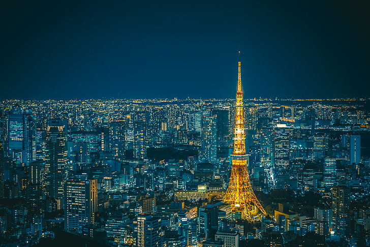 Fotografia paryskiej wieży Eiffla, wieża tokijska, wieża Eiffla, fotografia, 日本, タ ワ, 東京, wieża TOKIO, budynek architektury, minato, metro, Metropolitan, miasto, miejski, żółty niebieski, błękitne niebo, widok nocny, canon eos 5d, panorama, cityview, 35mm, japonia, asia, nihon, nippon, kanto, azjatyckie, wieżowiec, punkt orientacyjny, światło, pomarańczowe niebo, pejzaż miejski, miejski Skyline, noc, słynne miejsce, wieża, architektura, prefektura tokio, scena miejska, dzielnica śródmieścia, zmierzch, podświetlana, zbudowana konstrukcja, Tapety HD