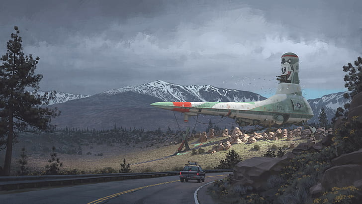 pesawat ruang angkasa, pegunungan, Simon Stålenhag, Wallpaper HD