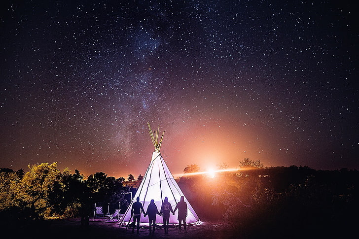 white teepee tent, André Josselin, holding hands, tent, night sky, stars, nature, group of people, HD wallpaper