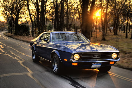 mavi Ford Mustang coupe, siyah Ford Mustang coupe graytop yolda, eski araba, gün batımı, sonbahar, Ford Mustang, HD masaüstü duvar kağıdı HD wallpaper