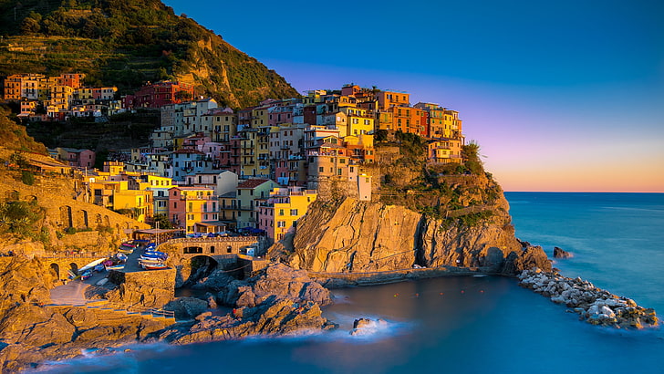 Манарола, Cinque Terre, Италия, Европа, Лигурия, La Spezia, вечер, крайбрежие, скала, град, HD тапет