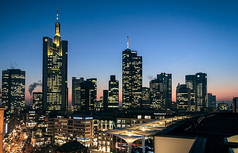 The evening, Germany, Frankfurt, Skyline, Evening, HD wallpaper HD wallpaper