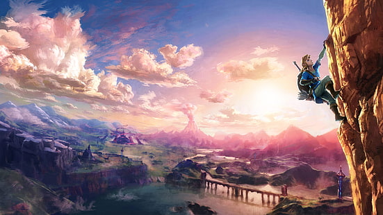 Fondo de pantalla de escalada en personajes masculinos, ilustraciones, The Legend of Zelda, paisaje, Link, The Legend of Zelda: Breath of the Wild, Fondo de pantalla HD HD wallpaper