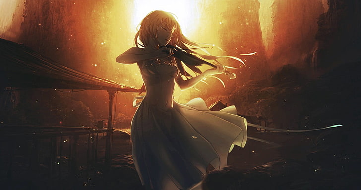 weibliche Figur spielt Geige Tapete, Mädchen Anime trägt weißes Kleid Tapete, Anime Mädchen, Anime, Sonnenuntergang, Geige, Shigatsu wa Kimi no Uso, Miyazono Kaori, HD-Hintergrundbild