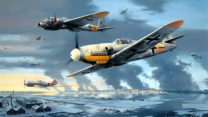 grå och orange fighter jet tapeter, andra världskriget, Messerschmitt, Messerschmitt Bf-109, Luftwaffe, flygplan, militär, konstverk, militärflygplan, Tyskland, He-111, Heinkel He 111, HD tapet