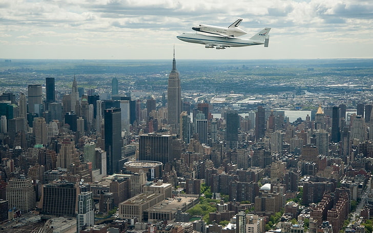 cityscape, city, space shuttle, NASA, Boeing, Boeing 747, New York City, skyscraper, airplane, aircraft, HD wallpaper