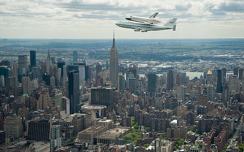 cityscape, city, space shuttle, NASA, Boeing, Boeing 747, New York City, skyscraper, airplane, aircraft, HD wallpaper HD wallpaper