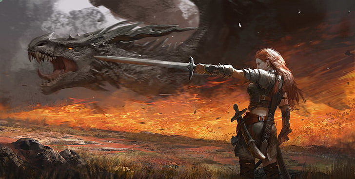 жена с дракон оръжие тапет, фентъзи изкуство, дракон, HD тапет