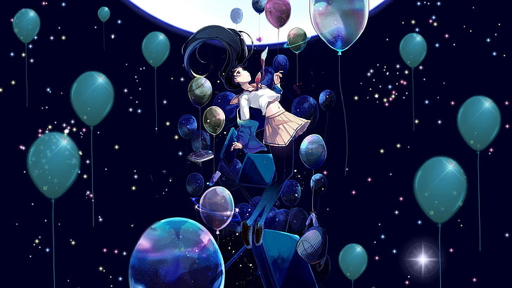 black-haired female anime character, balloon, Moon, school uniform, backpacks, black hair, black, HD wallpaper