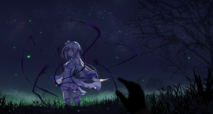 женски аниме герой, Re: Zero Kara Hajimeru Isekai Seikatsu, Emilia (Re: Zero), деколте, растения, бяла коса, виолетови очи, заострени уши, небе, нощ, трева, бедра, HD тапет