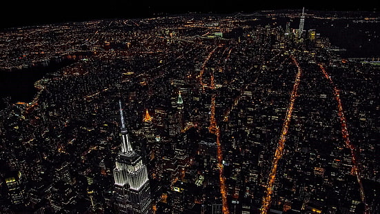 нощ, градски светлини, тъмнина, силует, небе, небостъргач, въздушна фотография, въздушна гледка, мегаполис, град, HD тапет HD wallpaper