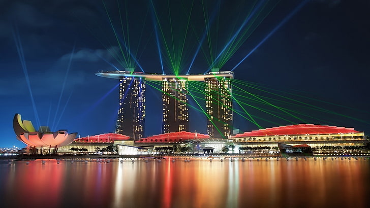 paisagem urbana, cingapura, marina bay, lasers, holofotes, predios, HD papel de parede