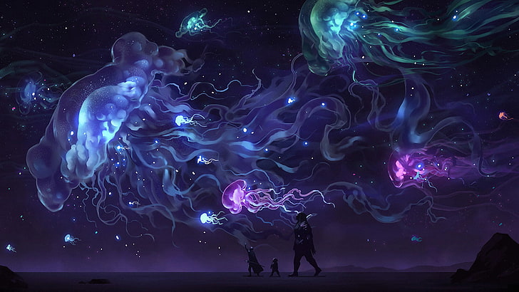 медузы обои, две черно-синие абстрактные картины, медузы, фэнтези-арт, искатели приключений, разноцветные, звезды, природа, HD обои