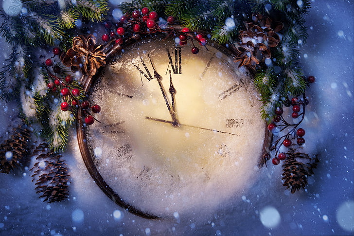 round beige analog clock with brown wooden frame, winter, snow, holiday, New Year, Christmas, clock, HD wallpaper