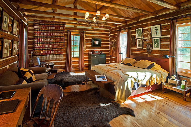 коричневая деревянная кровать, дизайн, стиль, интерьер, коттедж, гостинная, фазенда, загородный дом, HD обои