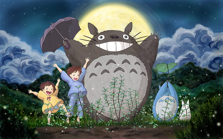 Totoro, Studio Ghibli, anime chłopcy, anime dziewczyny, anime, parasol, Tapety HD