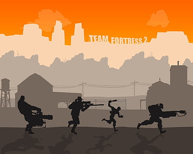 Plakat aplikacji Team Fortress 2, gry wideo, Team Fortress 2, Valve Corporation, Valve, Heavy (postać), Sniper (TF2), Scout (postać), Pyro (postać), minimalizm, prosty, pistolet, karabin snajperski, karabin maszynowy, Miotacz ognia, Tapety HD HD wallpaper