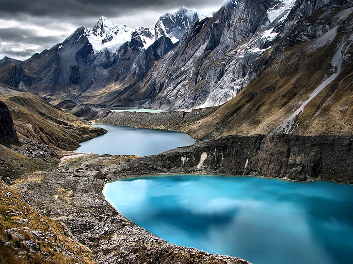 clouds, lake, landscape, mountain, nature, Peru, reflection, snow, water, HD wallpaper