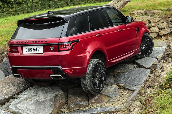 stones, vegetation, SUV, Land Rover, side, feed, black and red, four-door, Range Rover Sport Autobiography, HD wallpaper