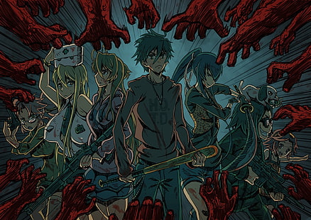 Anime digitale Tapete, Highschool der Toten, Komuro Takashi, Miyamoto Rei, Busujima Saeko, Takagi Saya, Kouta Hirano, Marikawa Shizuka, HD-Hintergrundbild HD wallpaper