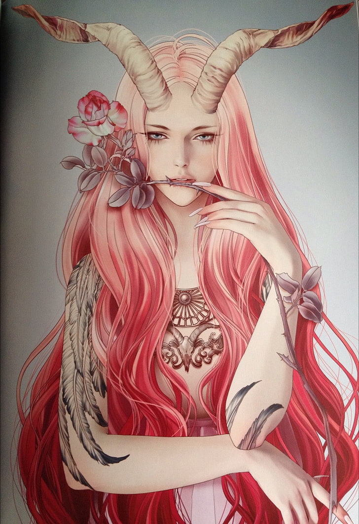 pink hair, horns, tattoo, rose, HD wallpaper