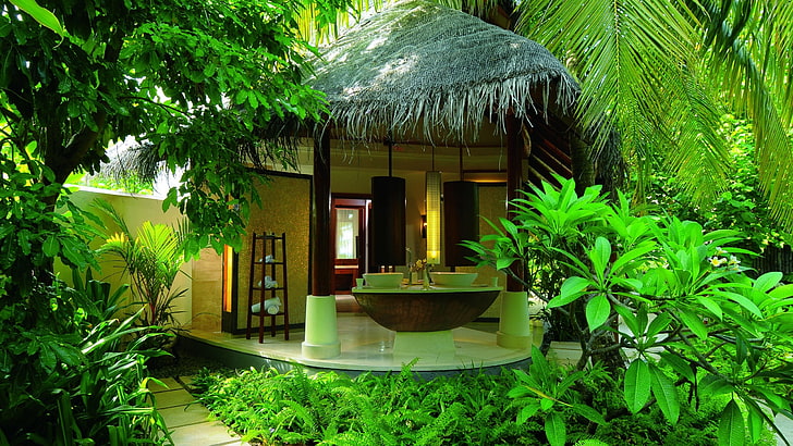 brown and white bathtub, summer, palm trees, stay, jungle, the hotel, Bungalow, Spa, HD wallpaper